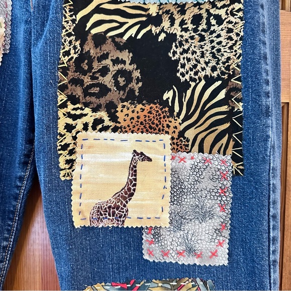 Levi’s 505 strght leg 14 S patchwork, hand, stitched jeans, safari jungle design - Picture 6 of 11